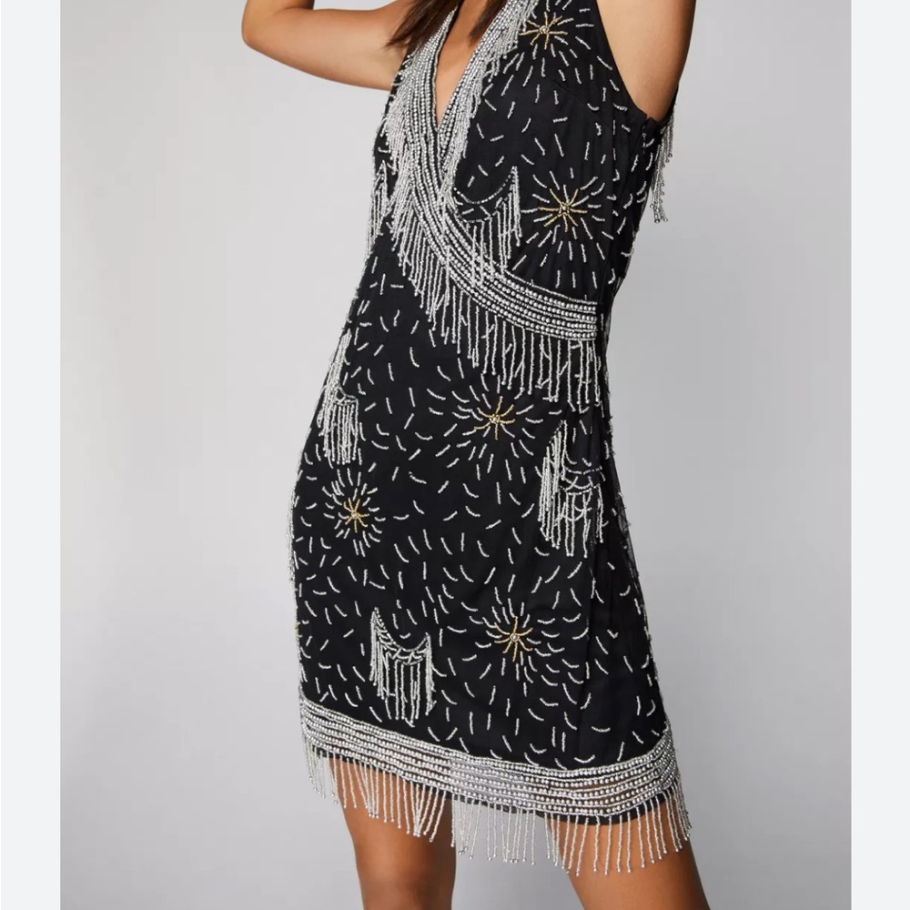 Nasty Gal Tassel Beaded V Neck Mini Dress NWT